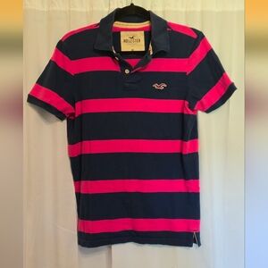 Men's Pink And Navy Striped Slim Fit Hollister Polo Medium